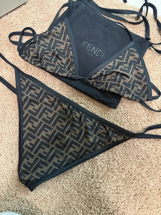 Fendi Brown Monogram & Black Trim Triangle Bikini - Picture 3 of 3